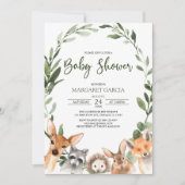 水彩緑の森の動物の赤ちゃんシャワー 招待状 (正面)