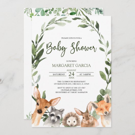 水彩緑の森の動物の赤ちゃんシャワー 招待状 (正面/裏面)