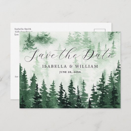 水彩緑の森の日付ポストカードを保存 ポストカード (正面/裏面)