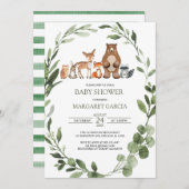 水彩緑の森林動物の赤ちゃんシャワーI 招待状 (正面/裏面)