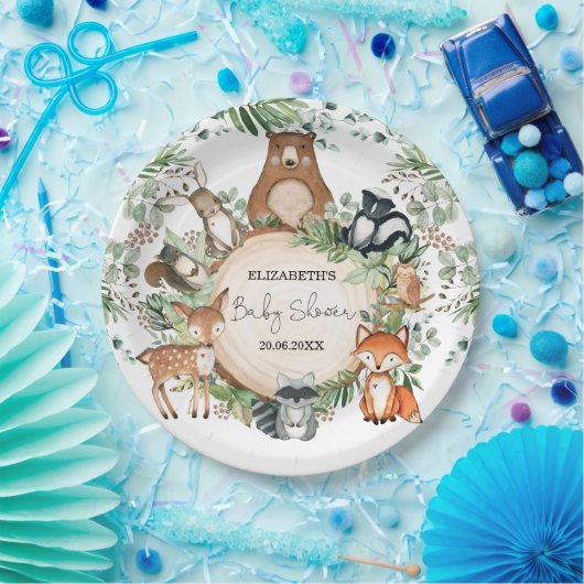 水彩緑の森林地に動物のベビーシャワー ペーパープレート (パーティー)