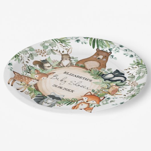水彩緑の森林地に動物のベビーシャワー ペーパープレート (アングル)