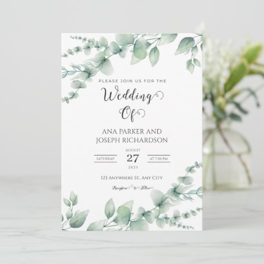 水彩緑の植物の葉エレガントな結婚式 招待状 (スタンド正面)