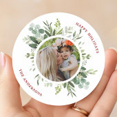 水彩緑の植物体のフレーム写真クリスマス ラウンドシール