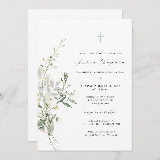 水彩緑の洗礼 招待状 (正面/裏面)