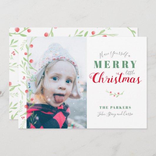 水彩緑の漿果小メリークリスマス シーズンカード (正面/裏面)