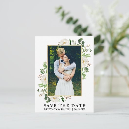 水彩緑の白いフローラ日付を保存 ポストカード (スタンド正面)