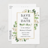 水彩緑の白いフローラ日付を保存 ポストカード (正面/裏面)