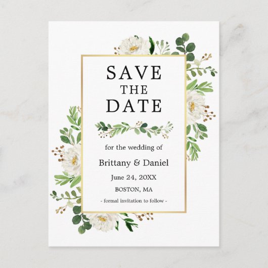 水彩緑の白いフローラ日付を保存 ポストカード (正面)