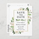 水彩緑の白いフローラ日付を保存 ポストカード (正面/裏面)