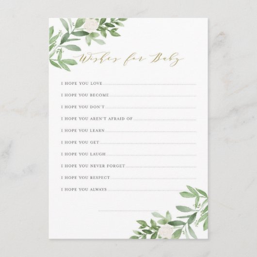 水彩緑の白い花がベビーを願う エンクロージャーカード (正面)