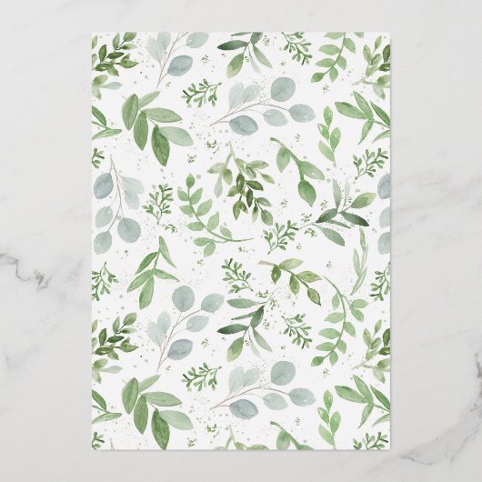 水彩緑の白い花のカップルのシャワー 箔招待状 (裏面)