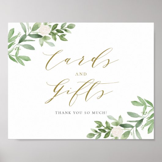 水彩緑の白い花のカードとギフト ポスター (正面)