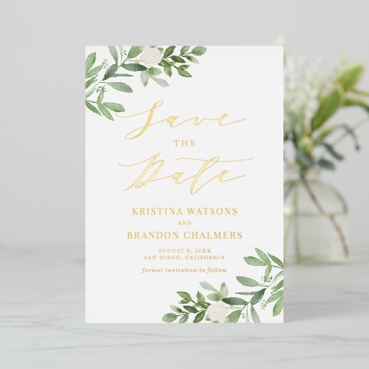 水彩緑の白い花の日付を保存 箔招待状 (立ち正面)