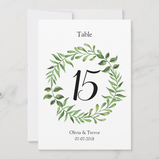 水彩緑の緑のリース表の番号 招待状 (正面)