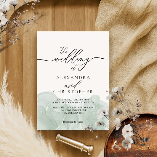 水彩緑の署名の書結婚跡 招待状