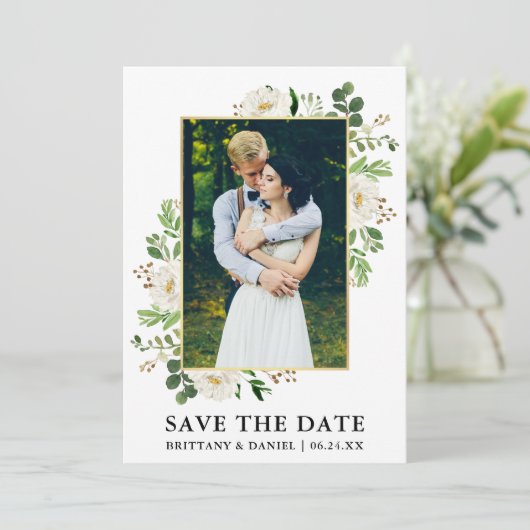 水彩緑の花の日付カードを保存 セーブザデート (スタンド正面)