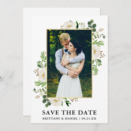 水彩緑の花の日付カードを保存 セーブザデート (正面/裏面)