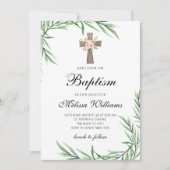 水彩緑の花ガールバプテスマ 招待状 (正面)