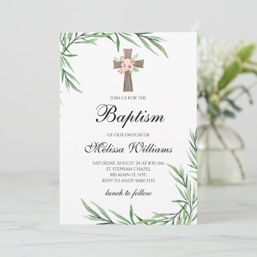 水彩緑の花ガールバプテスマ 招待状 (スタンド正面)