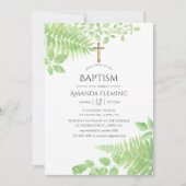 水彩緑の葉のバプテスマまたは《キリスト教》洗礼式や命名式 招待状 (正面)