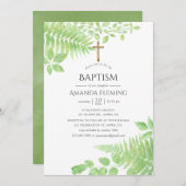 水彩緑の葉のバプテスマまたは《キリスト教》洗礼式や命名式 招待状 (正面/裏面)