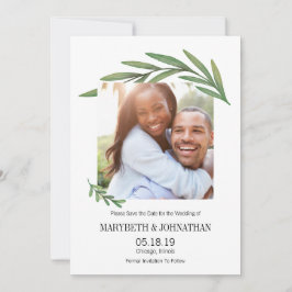 水彩緑の葉の日付写真カードを保存 セーブザデート