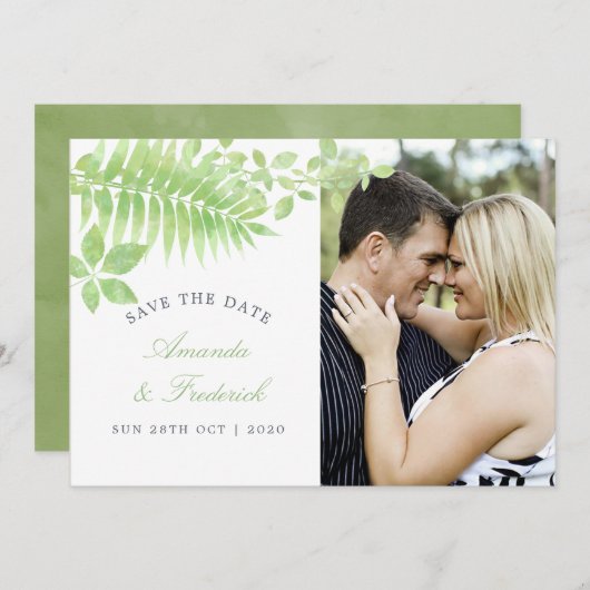 水彩緑の葉の結婚式の日付を保存 セーブザデート (正面/裏面)