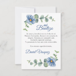 水彩緑の葉花と青の花洗礼 サンキューカード