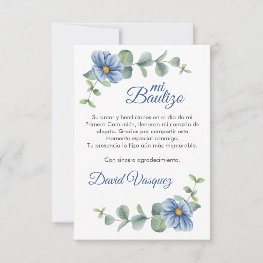 水彩緑の葉花と青の花洗礼 サンキューカード (正面)