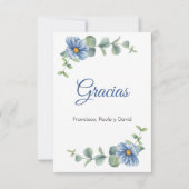 水彩緑の葉花と青の花洗礼 サンキューカード (裏面)