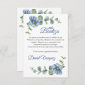 水彩緑の葉花と青の花洗礼 サンキューカード (正面/裏面)