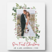 水彩緑の赤いベリークリスマス写真 フォトプラーク (正面)