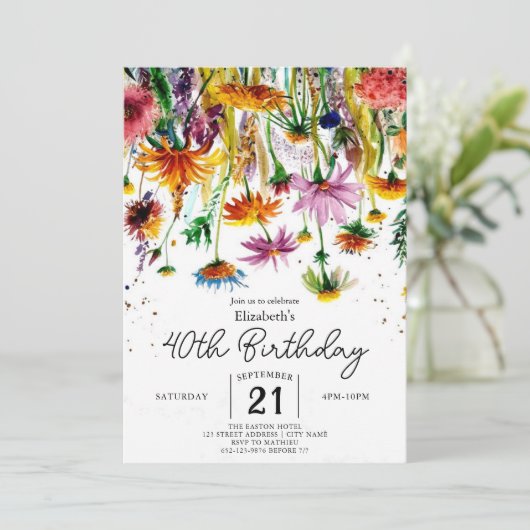 水彩緑の野花40歳の誕生日 招待状 (スタンド正面)