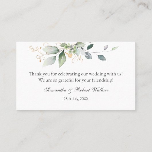 水彩緑の金ゴールドの葉結婚のお礼 名刺 (裏面)