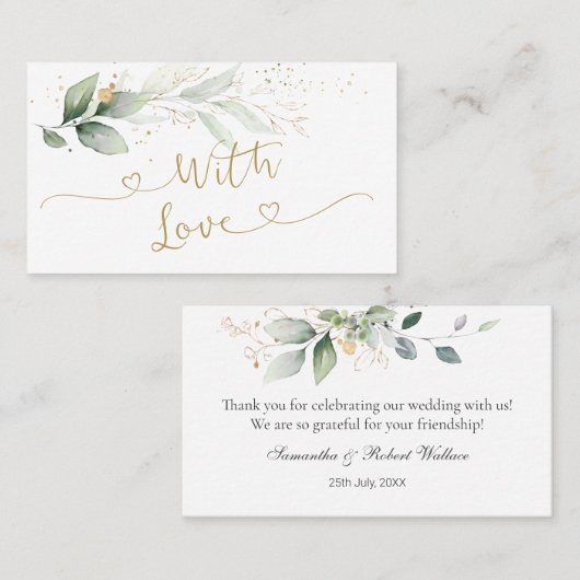 水彩緑の金ゴールドの葉結婚のお礼 名刺 (正面/裏面)