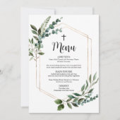 水彩緑の金ゴールドクロスバプテスマのメニューカード 招待状 (正面)