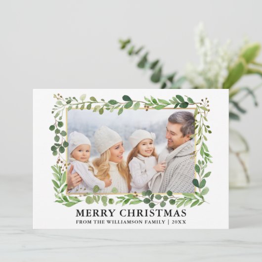 水彩緑の金ゴールドフレームフォトクリスマス シーズンカード (スタンド正面)