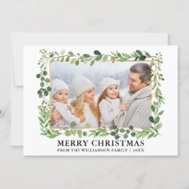 水彩緑の金ゴールドフレームフォトクリスマス シーズンカード