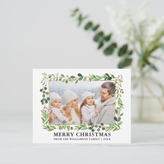 水彩緑の金ゴールドフレームフォトクリスマス ポストカード (スタンド正面)