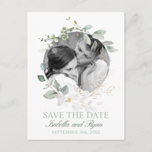 水彩緑の金ゴールドリース写真 案内ポストカード (正面)