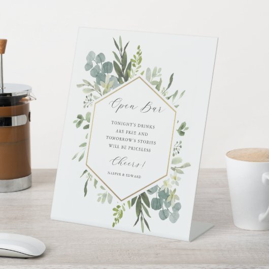 水彩緑の金ゴールド六角結婚角のオープンバー 台座サイン (インサイチュ)