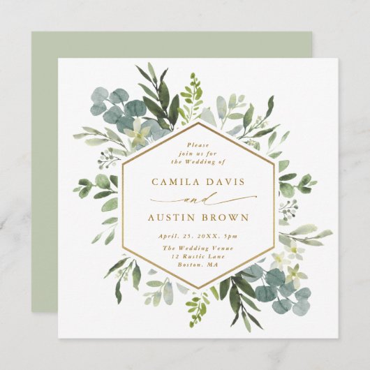 水彩緑の金ゴールド六角結婚角の正方形 招待状 (正面/裏面)