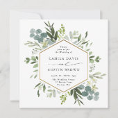 水彩緑の金ゴールド六角結婚角の正方形 招待状 (正面)
