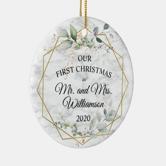 水彩緑の金ゴールド初めてのクリスマス セラミックオーナメント (右)