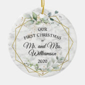 水彩緑の金ゴールド初めてのクリスマス セラミックオーナメント (正面)