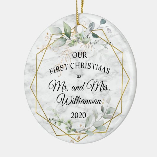 水彩緑の金ゴールド初めてのクリスマス セラミックオーナメント (左)