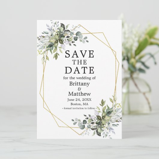 水彩緑の金ゴールド幾何学模様 セーブザデート (スタンド正面)