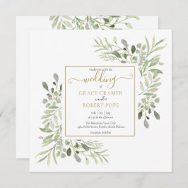 水彩緑の金ゴールド幾何学的スクリプ結婚ト 招待状