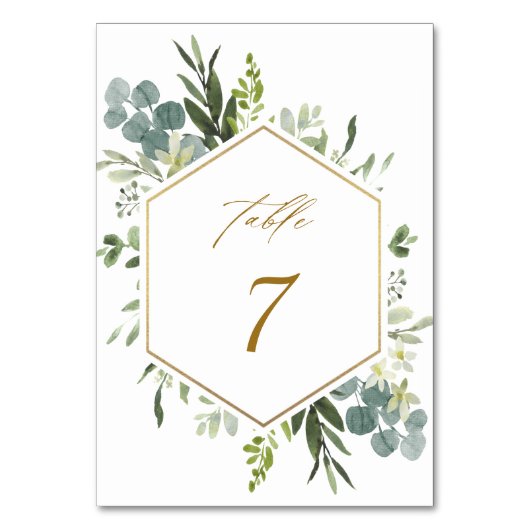 水彩緑の金ゴールド結婚六角のテーブル番号 テーブルナンバー (裏面)